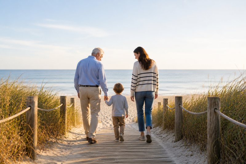 Family walking a boardwalk to the beach, illustrating legacy planning with Core Wealth Management